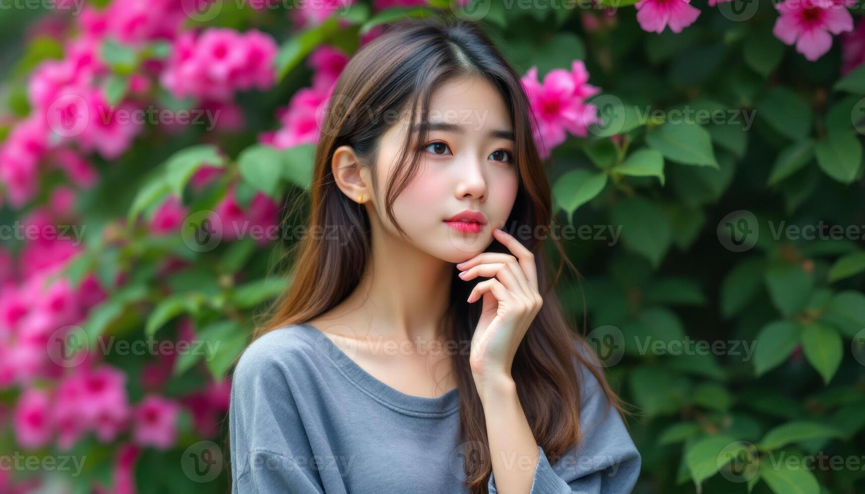 Beautiful asian woman with pink flowers photo