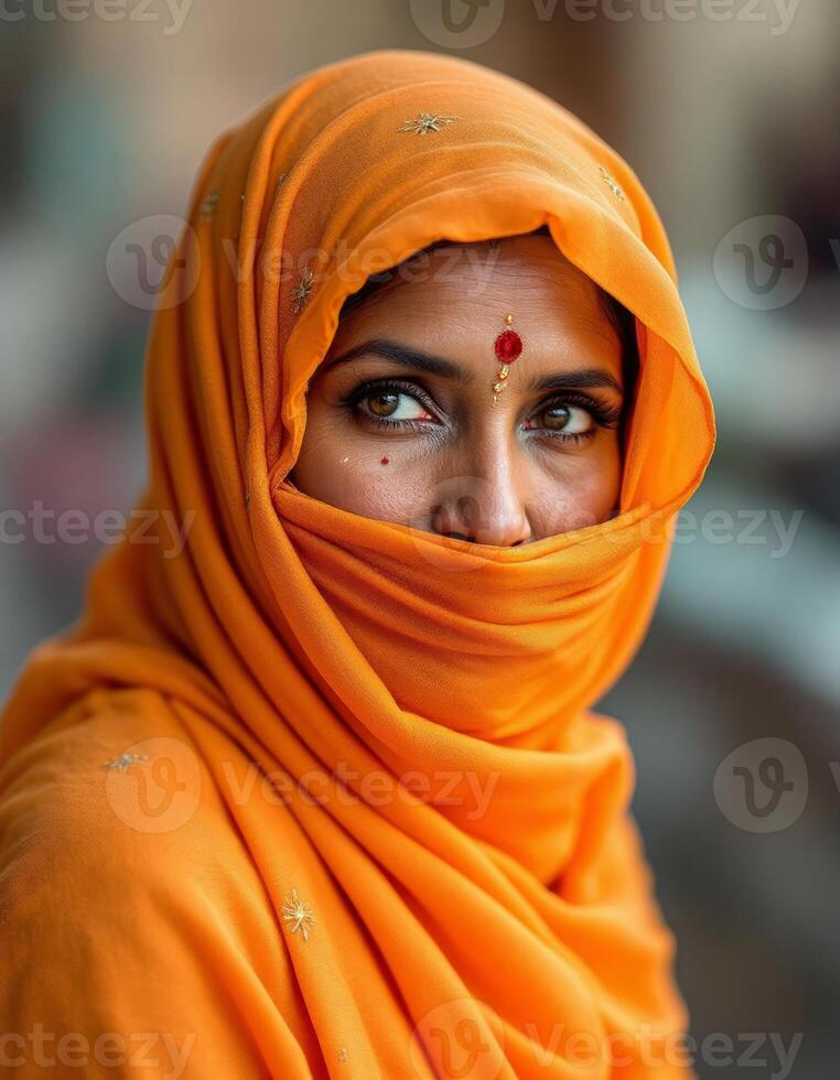 An indian woman wearing an orange scarf photo