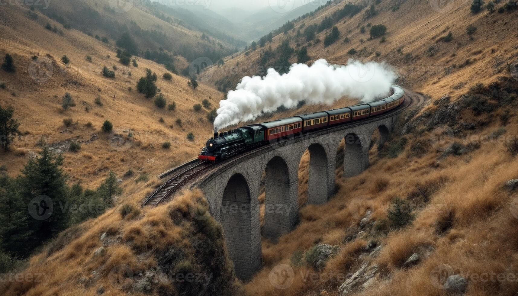 A steam train traveling over a bridge in the mountains photo