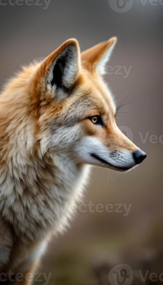 A close up of a fox with yellow eyes photo