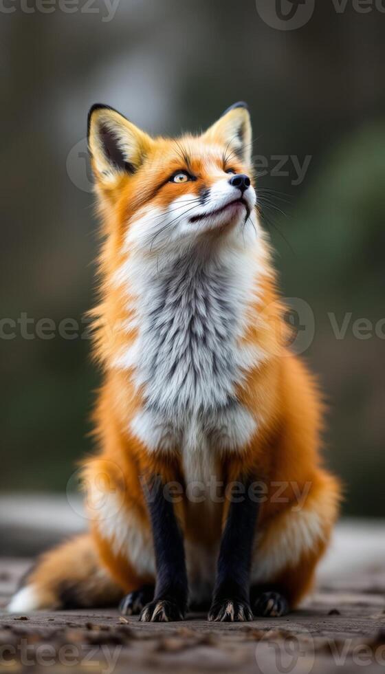 Portrait of a Red Fox looking up with an Autumn background and a soft bokeh photo