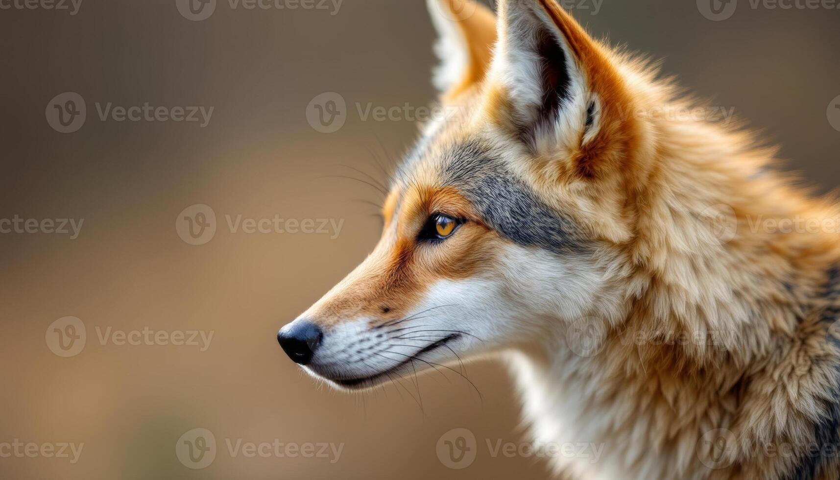 Detailed close-up side profile of a wild coyote with a warm brown background photo