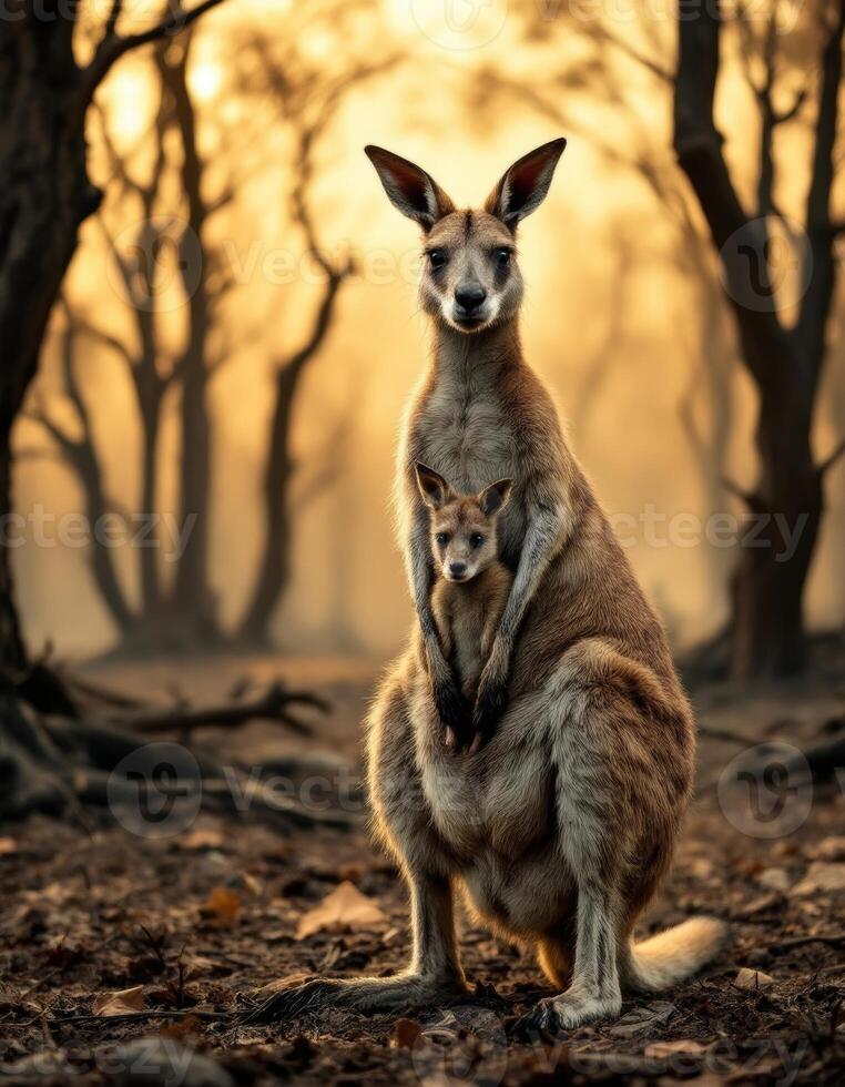 A kangaroo and her baby are standing in the woods photo