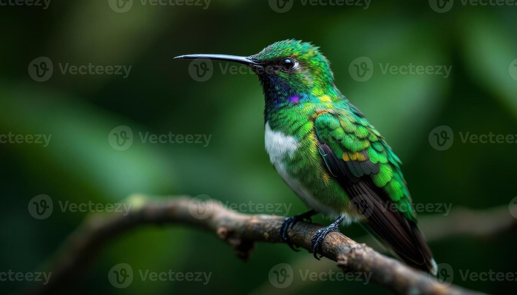 A green and white bird is perched on a branch photo