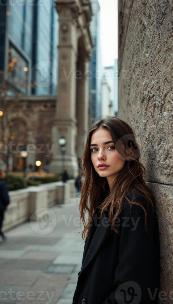 A woman in a black coat leaning against a wall photo