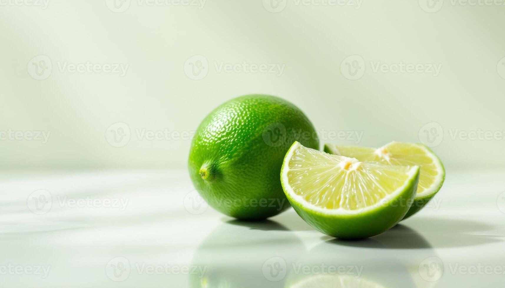 Lime and lime cut in half on white surface photo