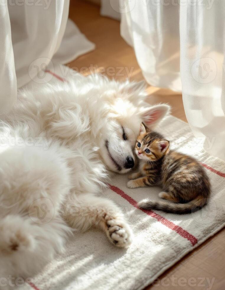 A white dog and a kitten laying on a rug photo
