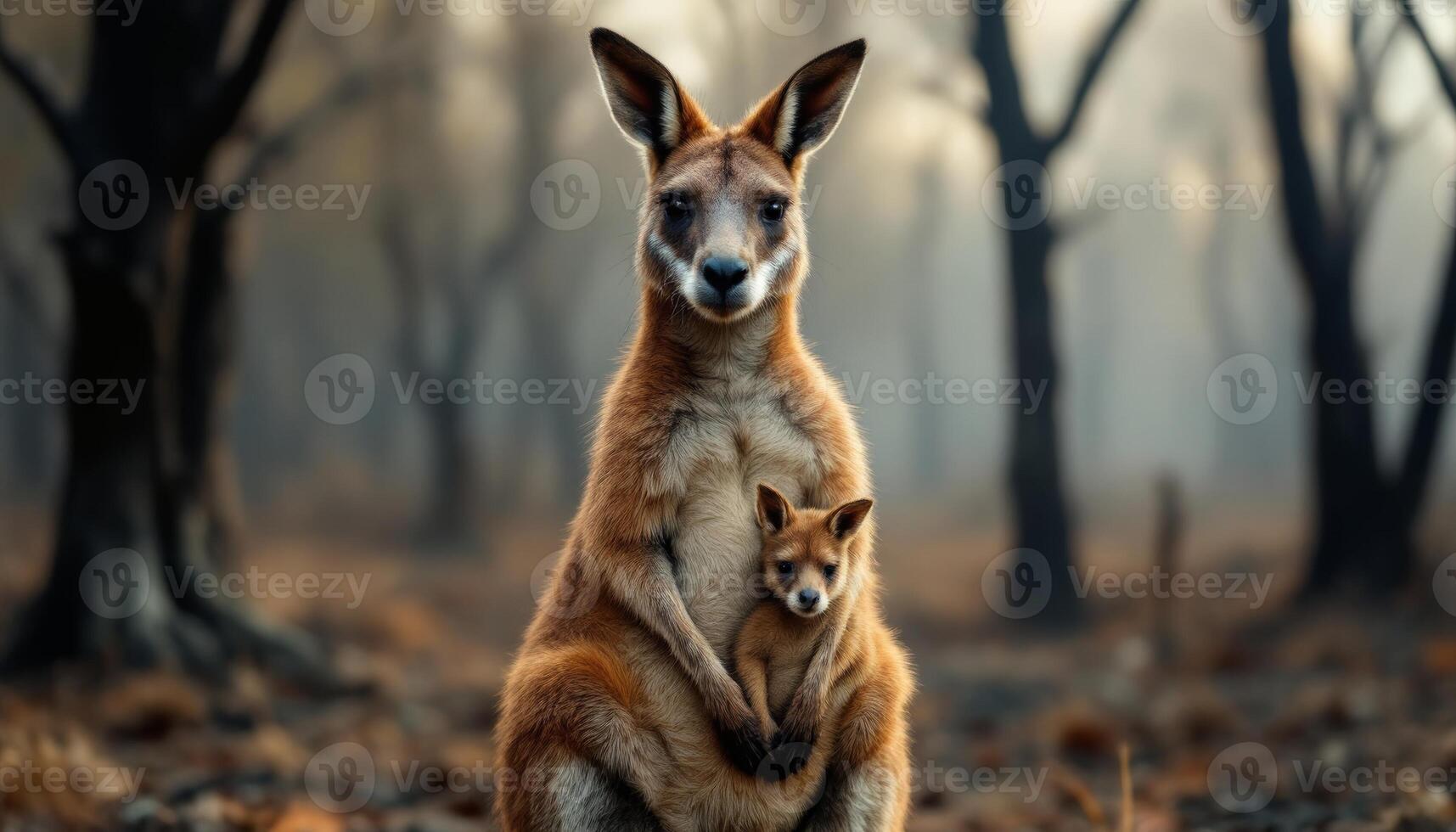 Kangaroo mother carrying her joey in the forest in a beautiful natural scenery photo