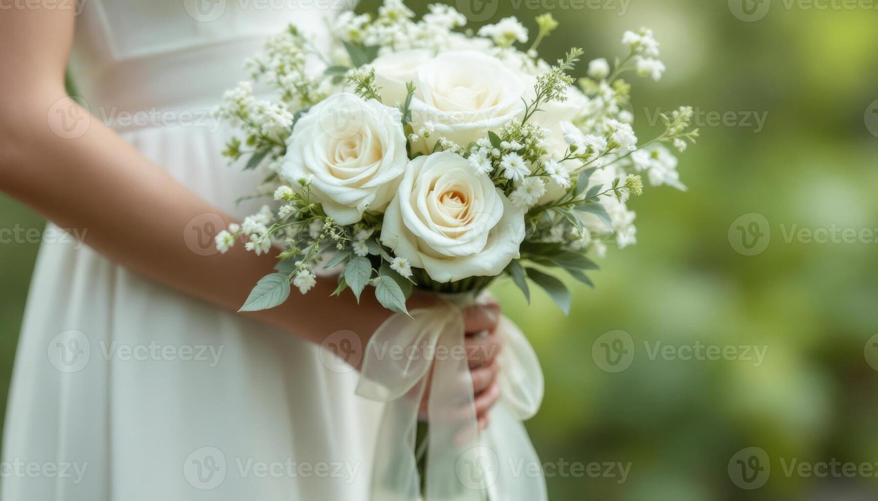 A woman in a white dress holding a bouquet of white roses photo
