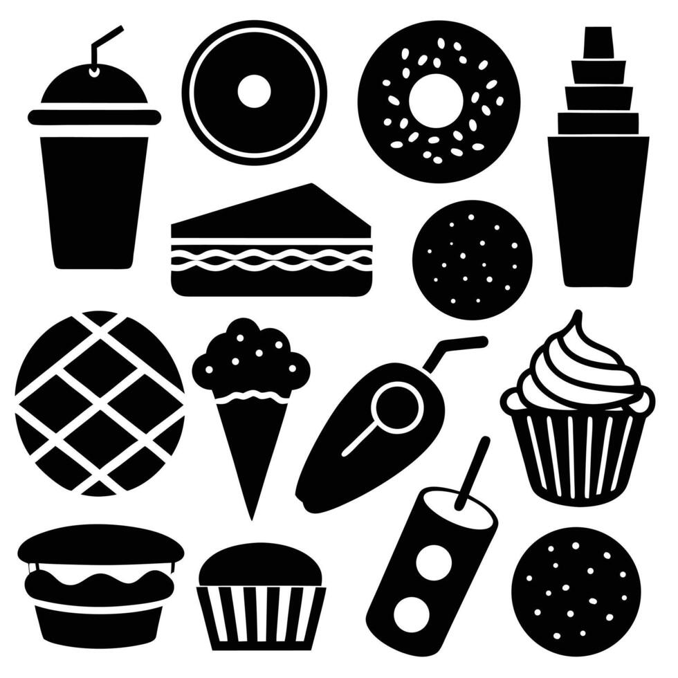 A collection of various food icons, including desserts, drinks, and snacks, isolated on white background vector