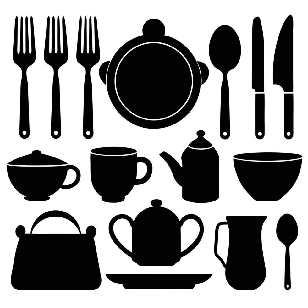A collection of kitchen utensils, dinnerware, and cookware silhouettes isolated on white background vector