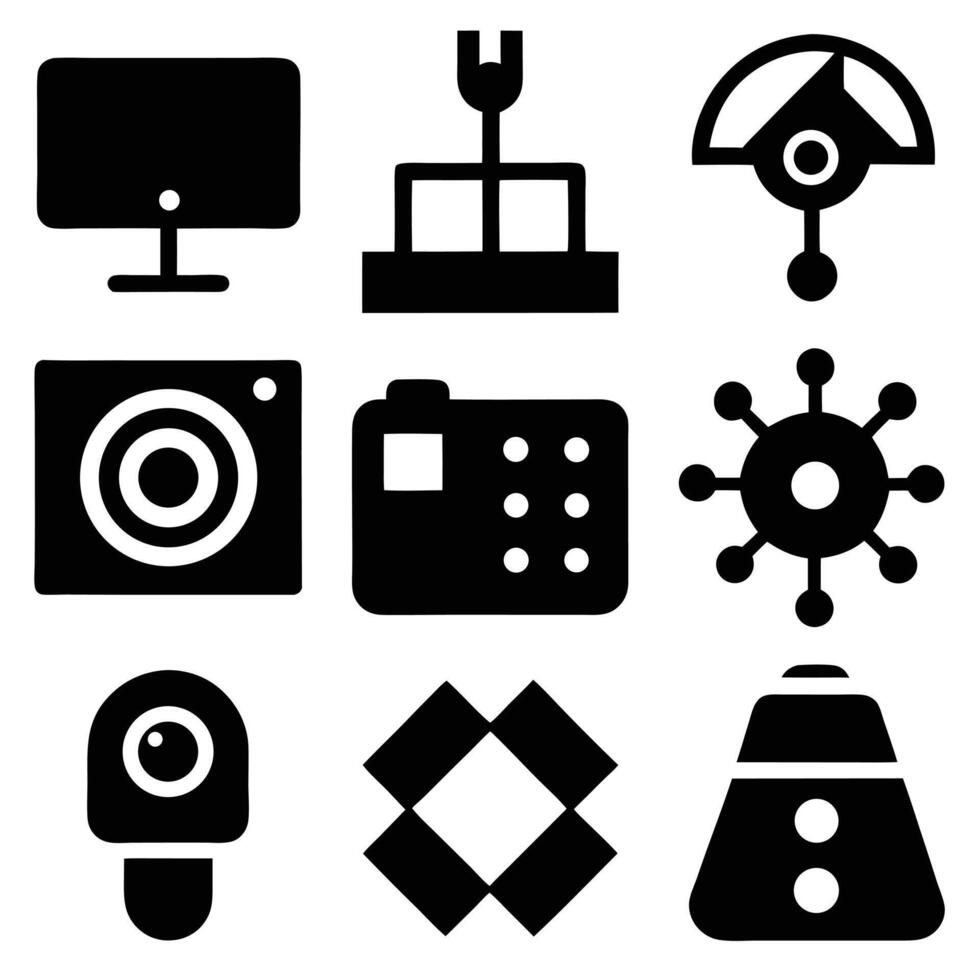 A collection of black and white icons depicting various digital devices and technology symbols, isolated on white background vector