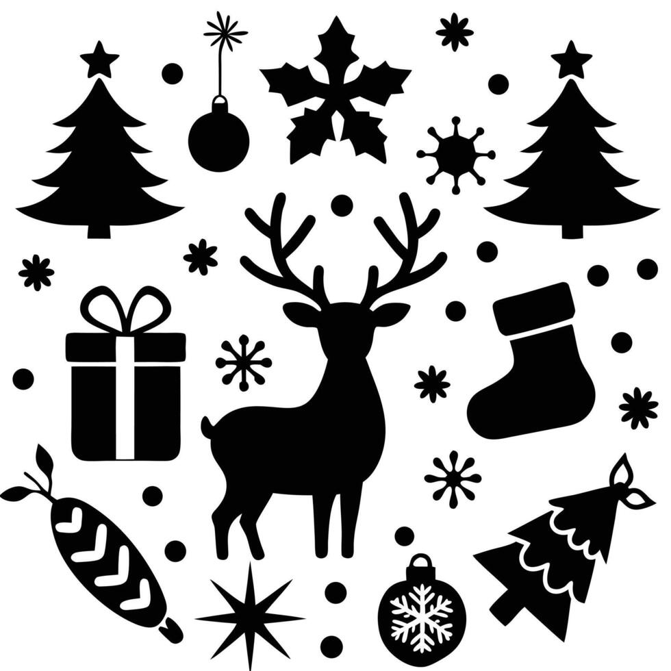 A collection of black christmas icons isolated on white background vector
