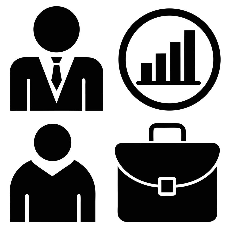 Business icons isolated on white background a businessman, a businesswoman, a briefcase, and a growth chart vector