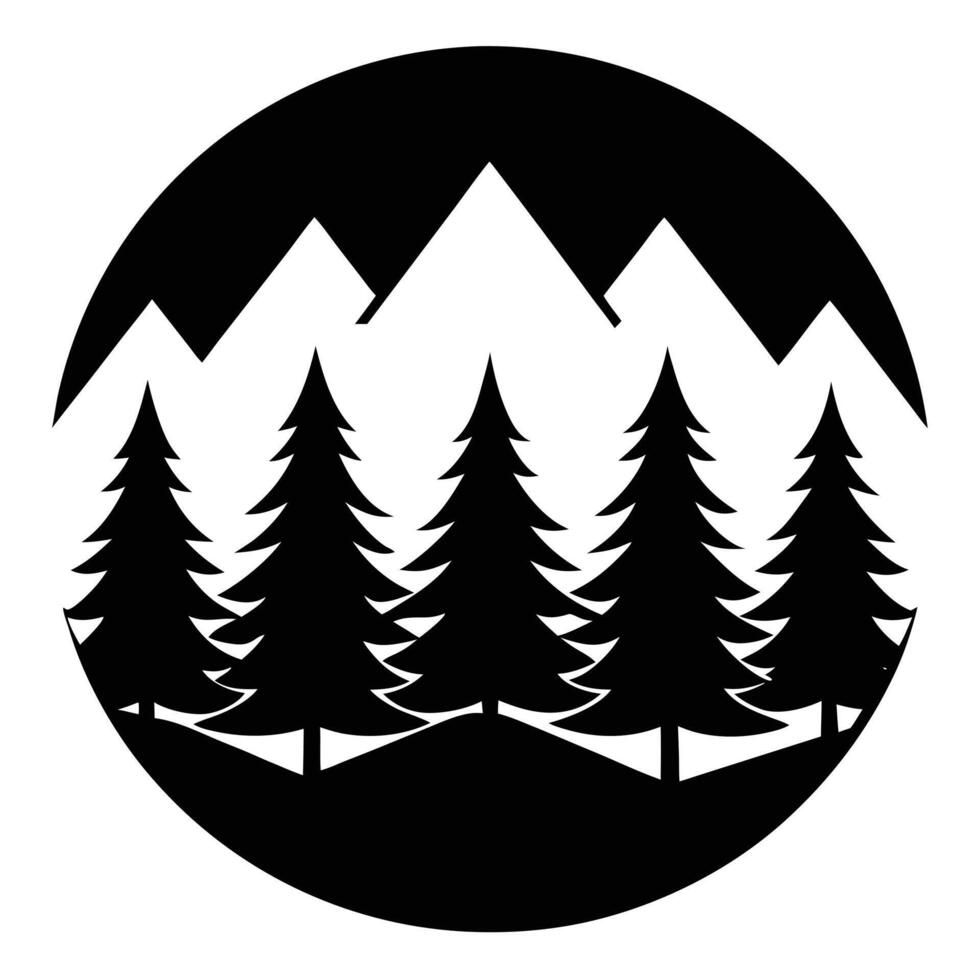 A stylized black and white illustration of a mountain range and evergreen trees, isolated on white background vector
