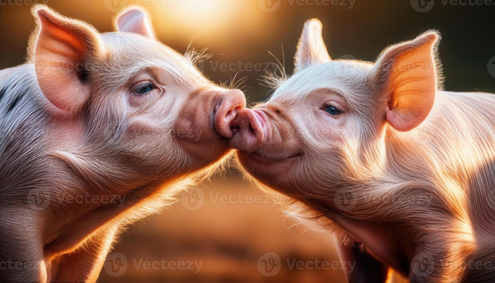 Playful and Affectionate Pigs Embrace in a Whimsical Barnyard Scene, Set against a Backdrop of Rustic Textures and a Cozy Haystack, Capturing the Joyous Mood of Friendship. photo