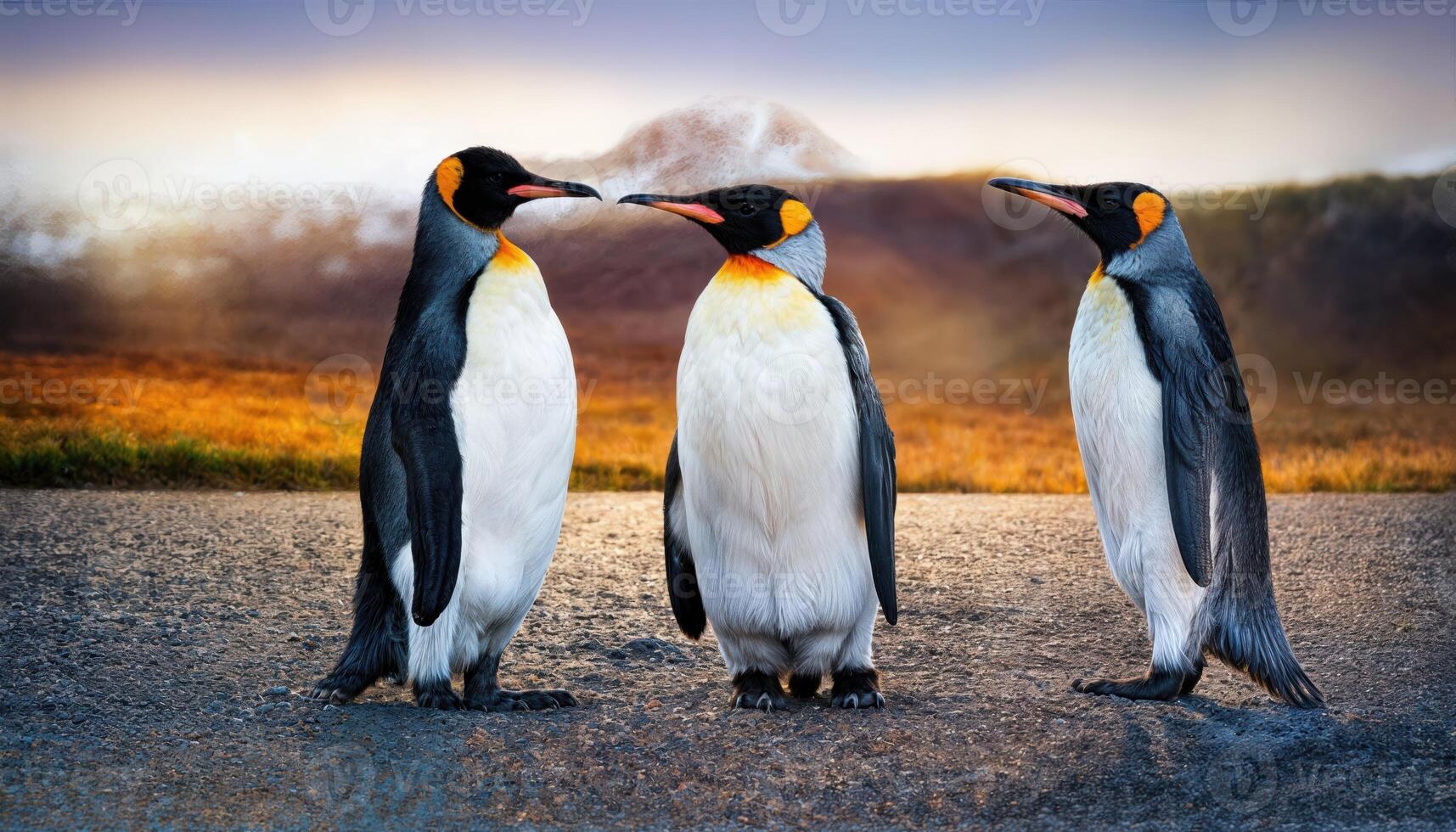 Intimate Moment King Penguin Couple, Bonding Under the Antarctic Sunset, their BlackandWhite Feathers Contrasting with the Vibrant Pink and Orange Hues of Dusk photo