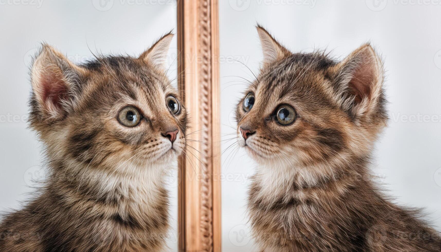 Kitten Gazing at Reflection in Mirror, Playful and Inquisitive Expression on a Soft Velvet Fur Surface, Framed by Warm Ambient Light in Cozy Living Room Scene. photo