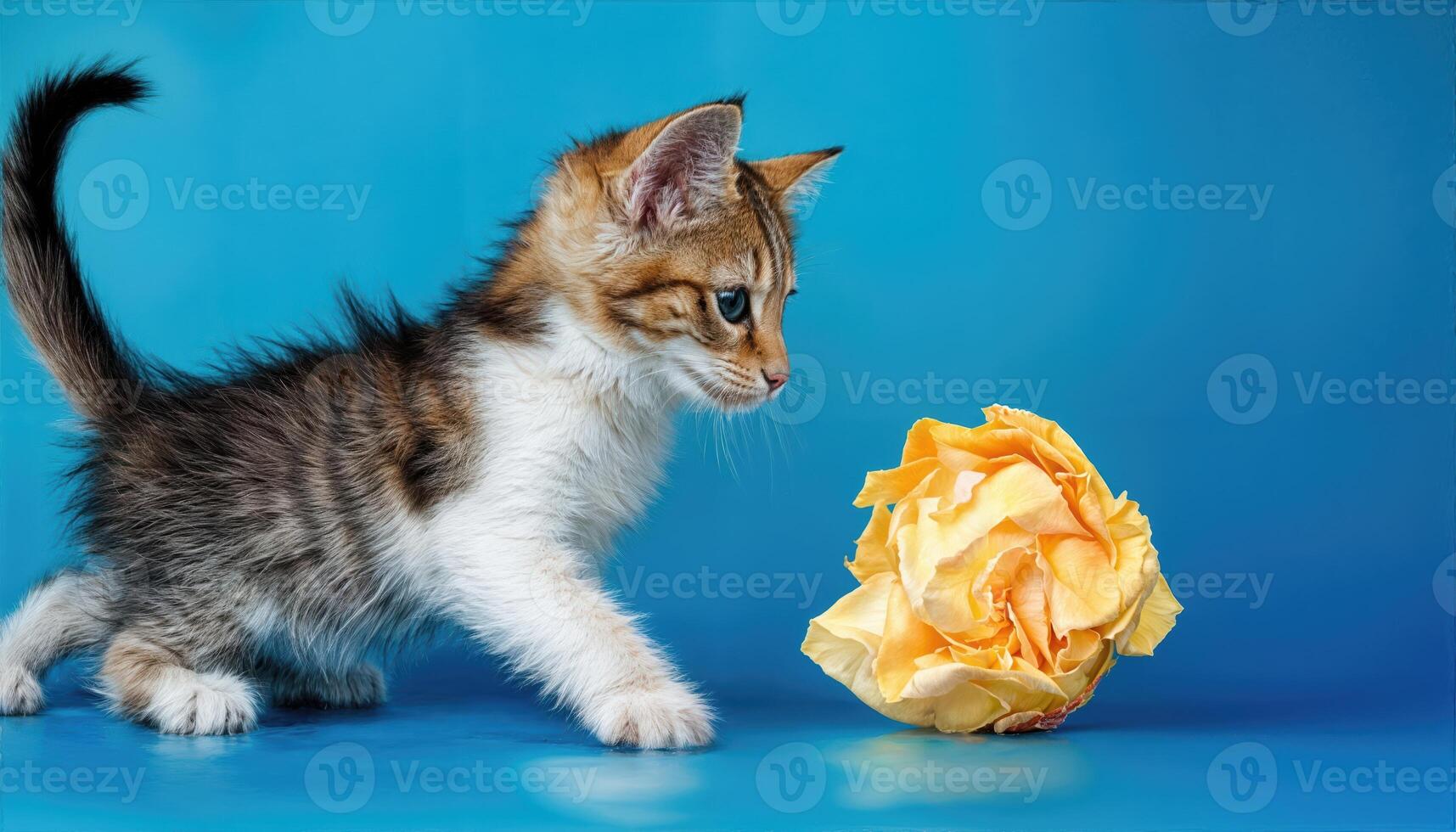 Playful Kitten Chasing After a Paper Ball Against a Serene Blue Backdrop at Twilight, Capturing Joy and Energetic Fun in Every Paw Step. photo