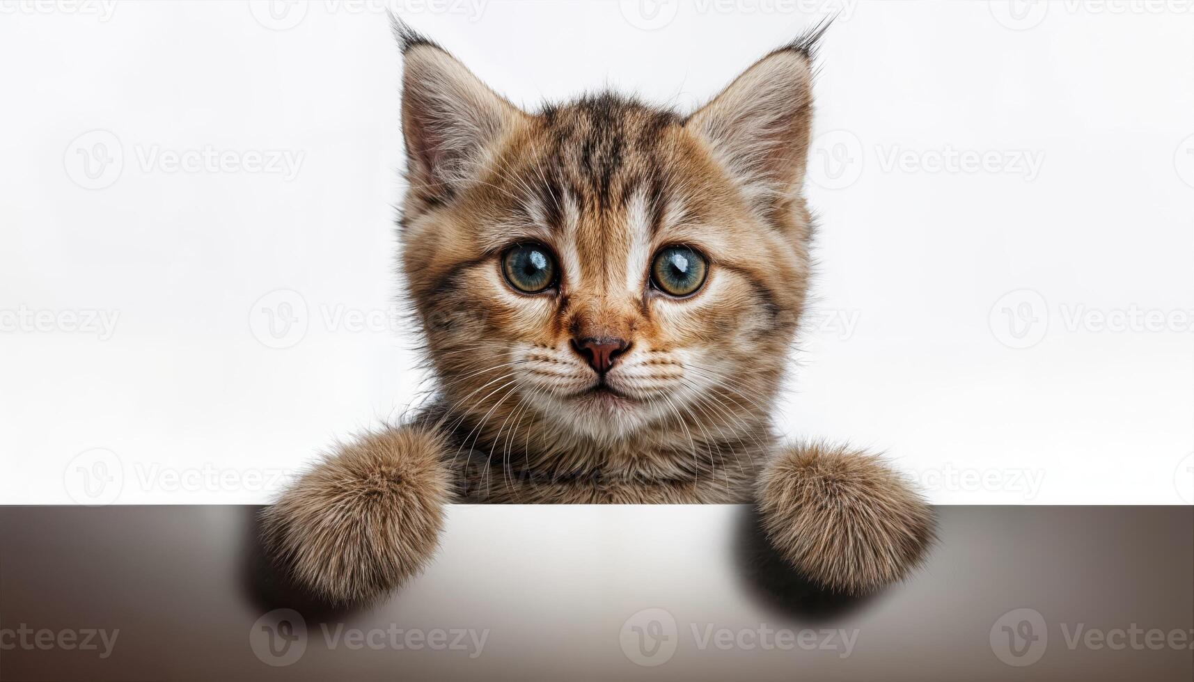 Playful Kitten Posing with Empty Banner Backdrop in Vibrant Environment, Capturing Joy and Innocence in a Whimsical Scene. photo