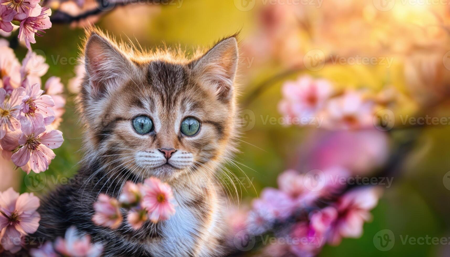 Kitten in Bloom A Playful Ball of Fluff Amidst Blooming Tulips, Radiating Joy and Springtime Vibrancy photo
