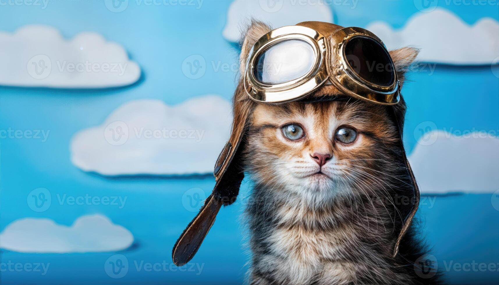 Playful Kitten in Pilots Hat and Goggles Preparing for an Exciting Adventure in the Sky Cute Animal Character in Fun Costume, Showcasing a Whimsical Mood and Vibrant Colors photo