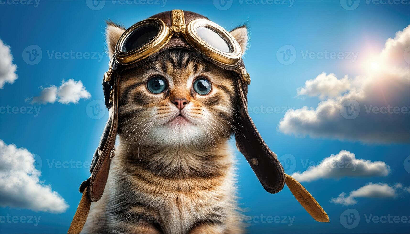 Playful Kitten in Pilots Hat and Goggles Preparing for an Exciting Aerial Adventure Adorable Animal Character Dressed in Fun Costume, Ready to Explore the Sky. photo