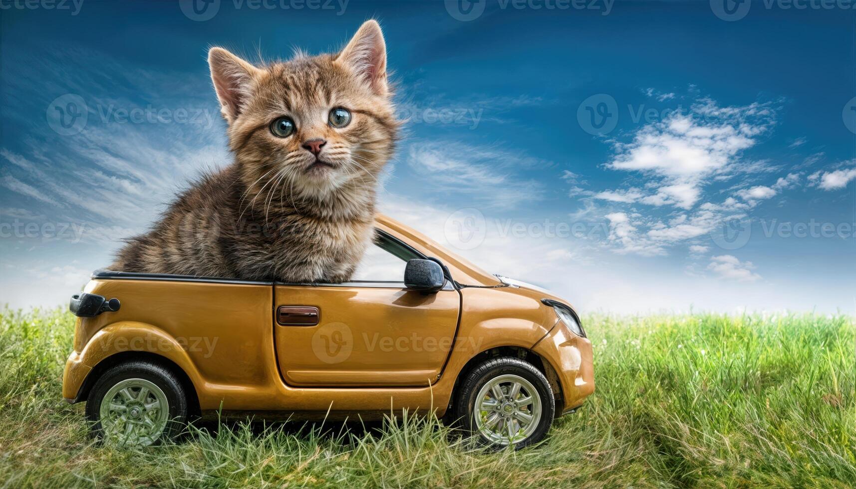 Playful Feline Riding in Classic Convertible Against the Backdrop of a Serene Sunset, Expressing Joy and Whimsy in a Picturesque Scene. photo