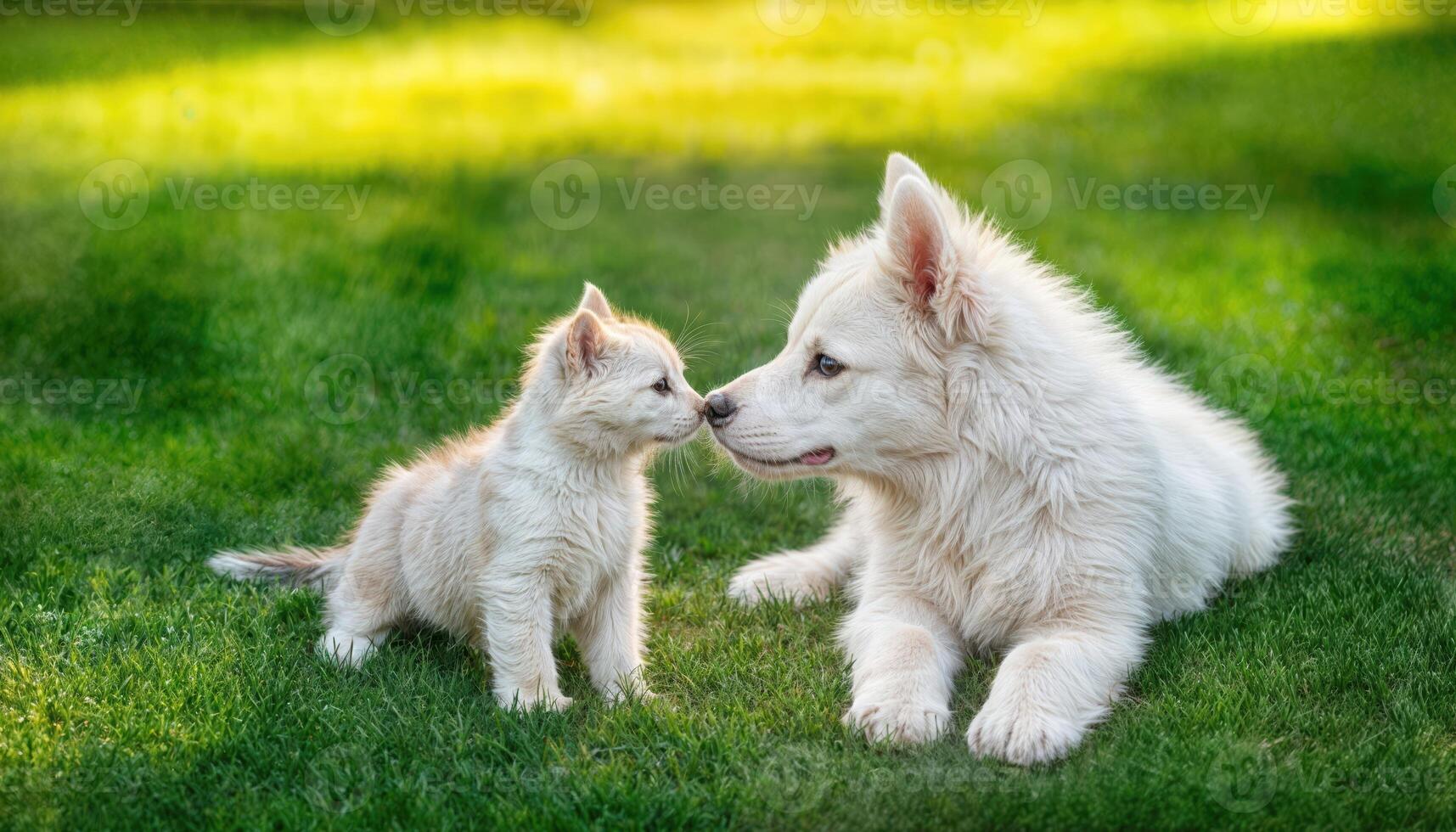 Playful Kitten and White Swiss Shepherd Puppy on Lush Green Grass under Bright Sky Heartwarming Moment of Animal Friendship on a Beautiful Spring Day photo