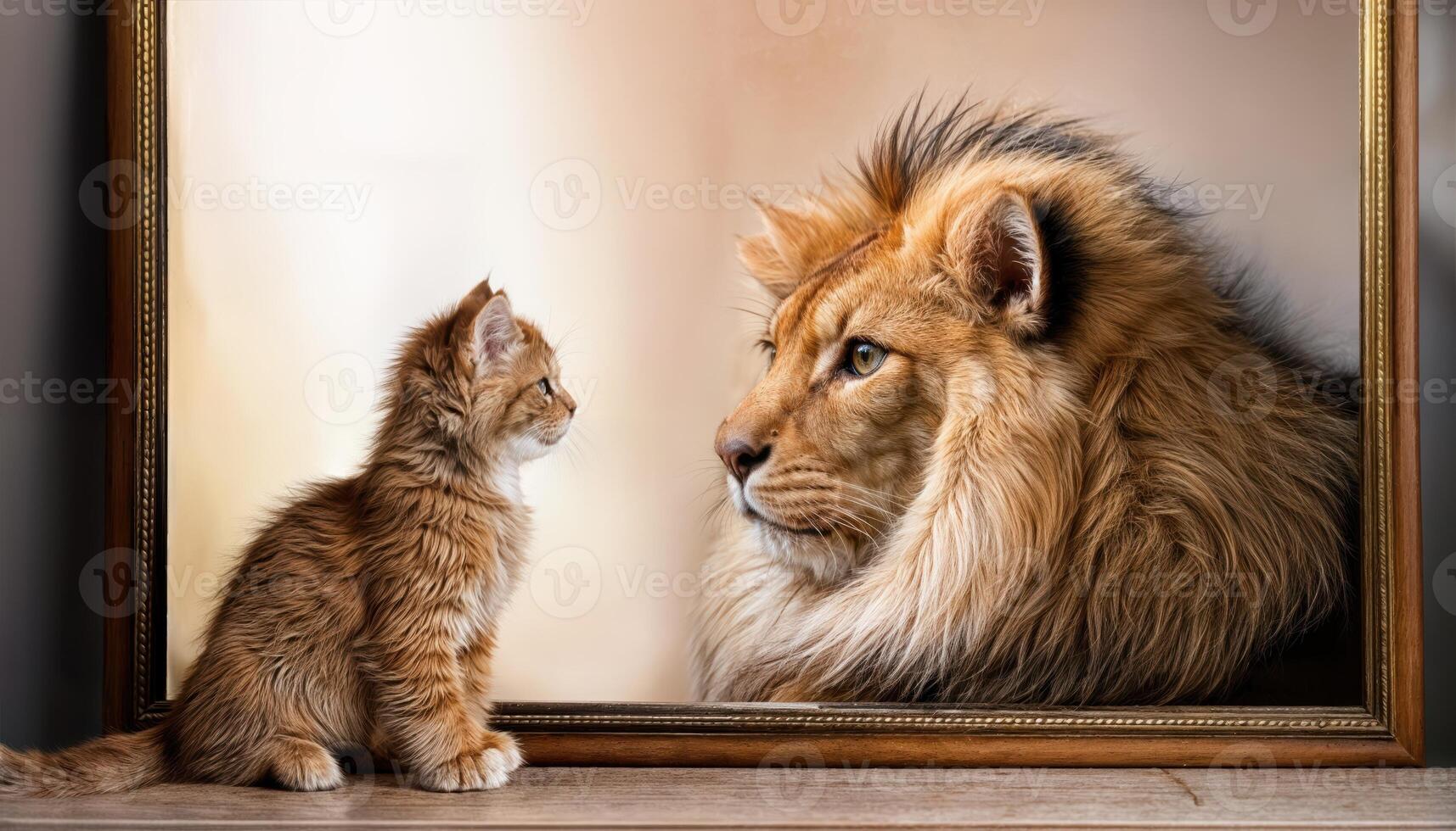 Kitten Mistakenly Encountering Its Regal Doppelganger A Mirror Image Turned Lion at Twilight,3 photo