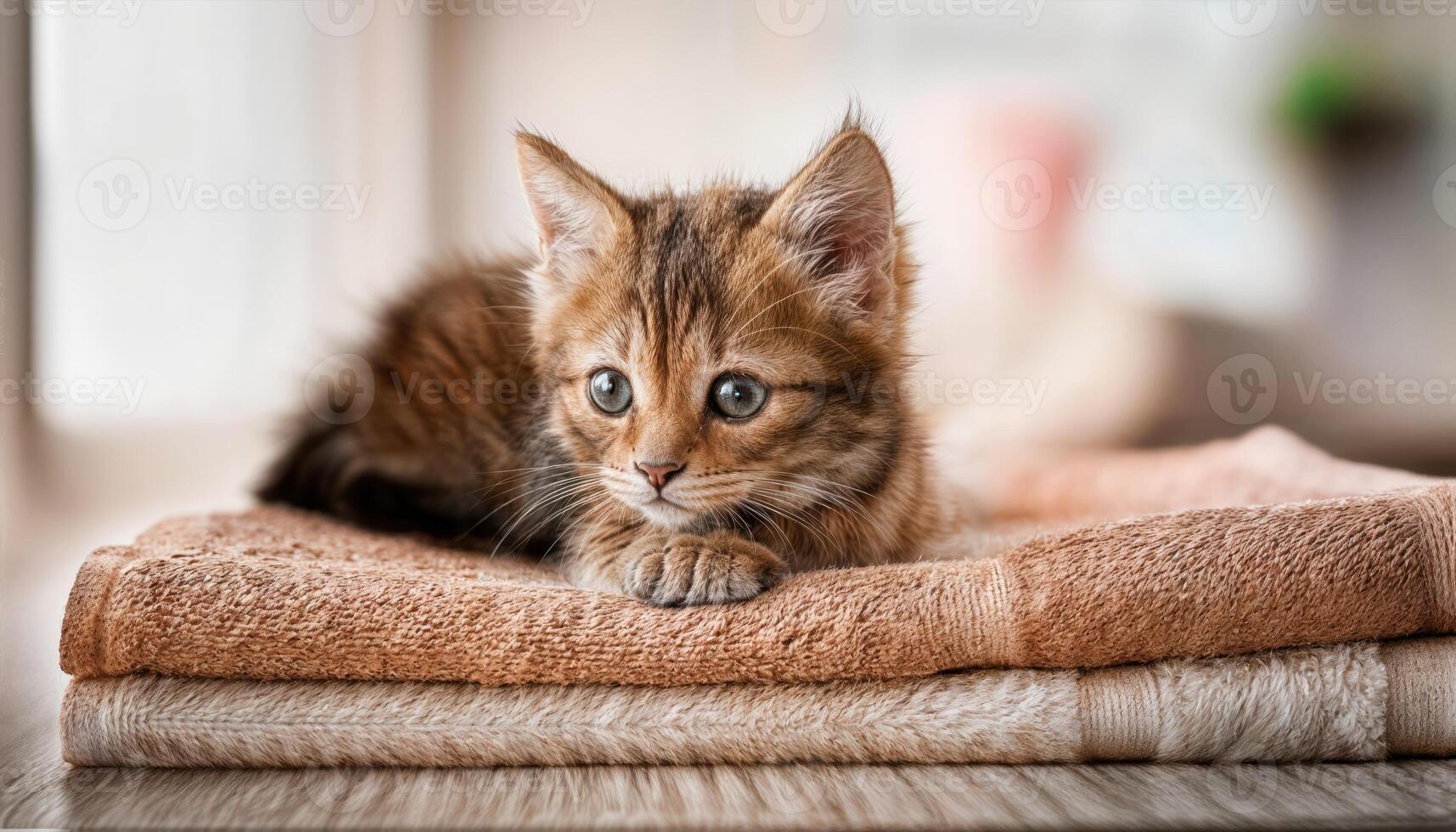 Playful Tabby Kitten Lounging on Soft Striped Towels, Basking in Warm Sunlight with a Cuddly Expression, Capturing the Joy and Comfort of a Cozy Afternoon. photo