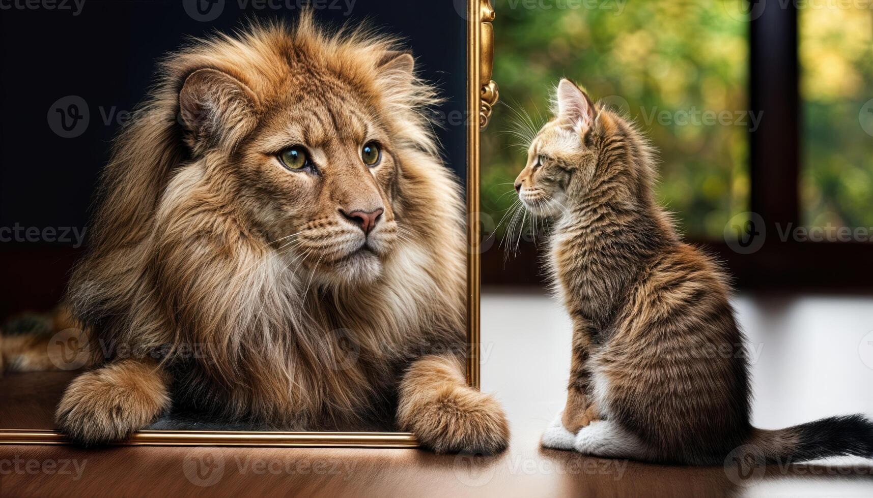 Enthralling Encounter A Curious Kitten Mistaking Reflection for a Regal Lion, Amidst Rich Textures and Vibrant Hues in an Imaginative Realm. photo