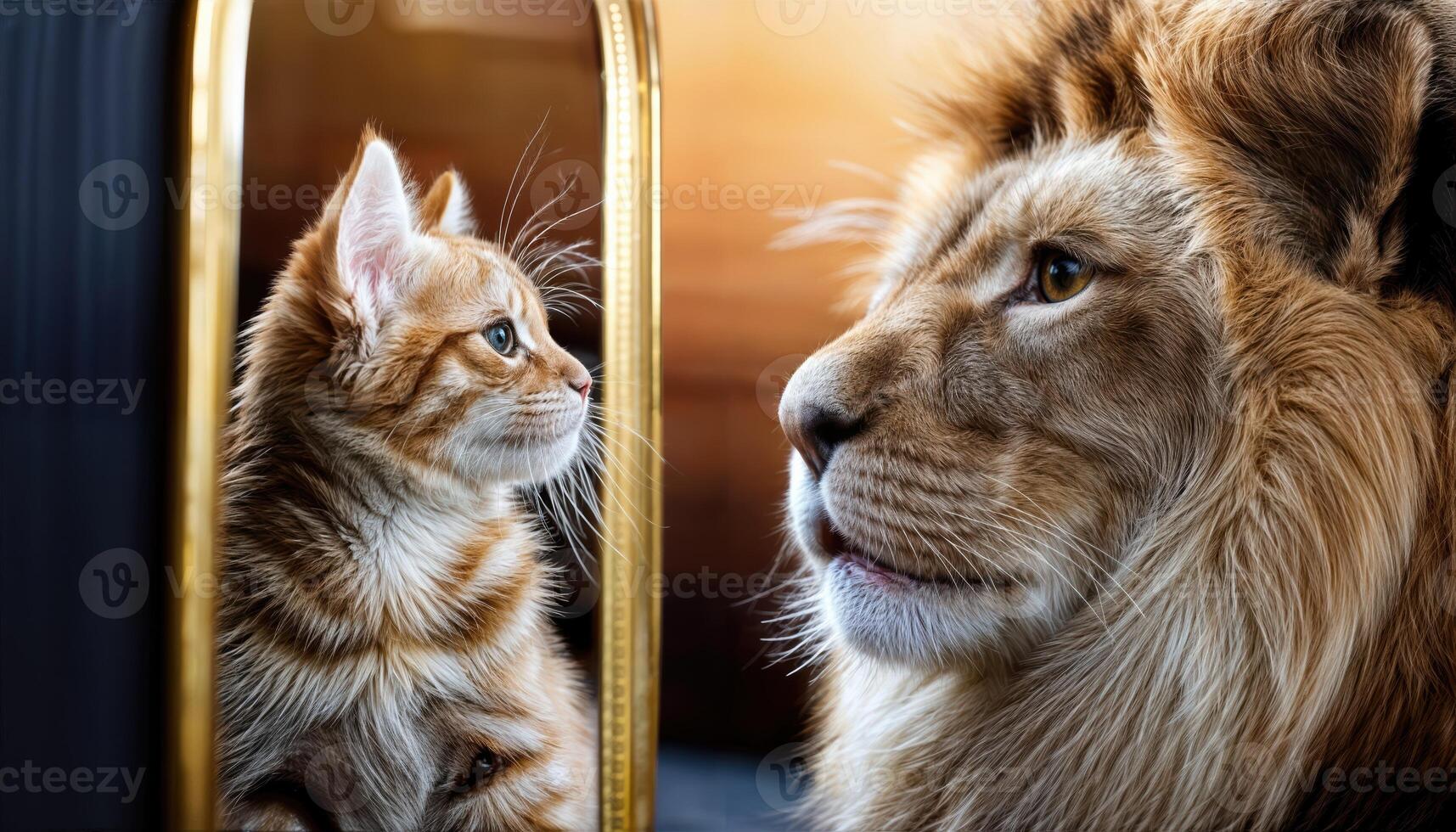 Kitten Perplexed by LionLike Image in Mirror at Twilight, Caught in the Dramatic Play of Shadows and Light, Embracing a Moment of Astonishment in a Serene Home Setting. photo