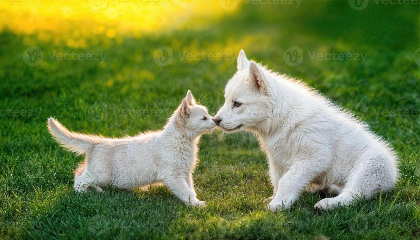 Kitten Kissing White Swiss Shepherd Puppy on Green Grass Playful Moment Captured Against a Backdrop of Springtimes Vibrant Palette. photo