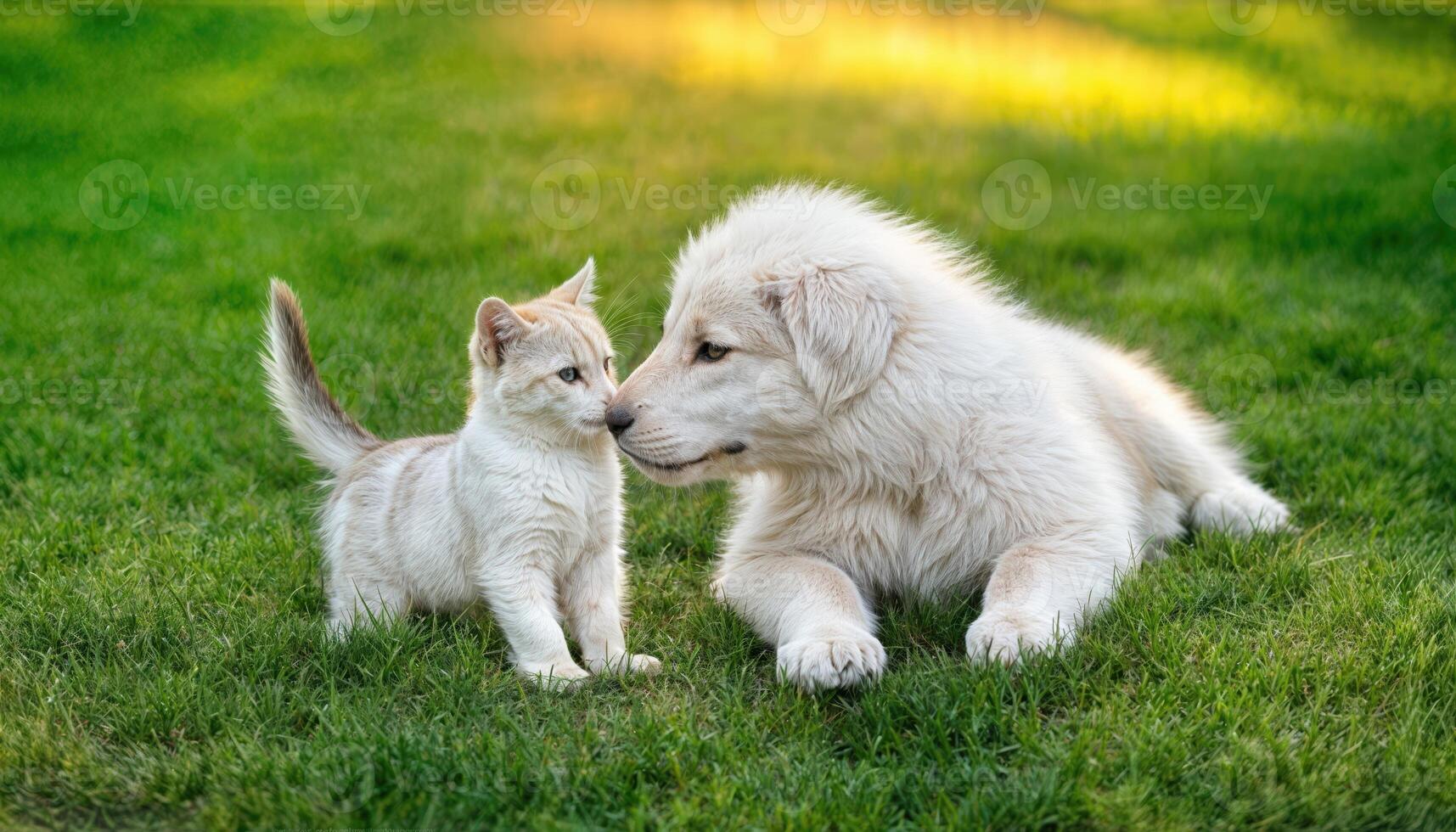 Adorable Moment Playful Kitten and Friendly White Swiss Shepherd Puppy Sharing a Sweet Kiss on Lush Green Grass, Under a Clear Sky with a Hint of Springtime Bliss. photo
