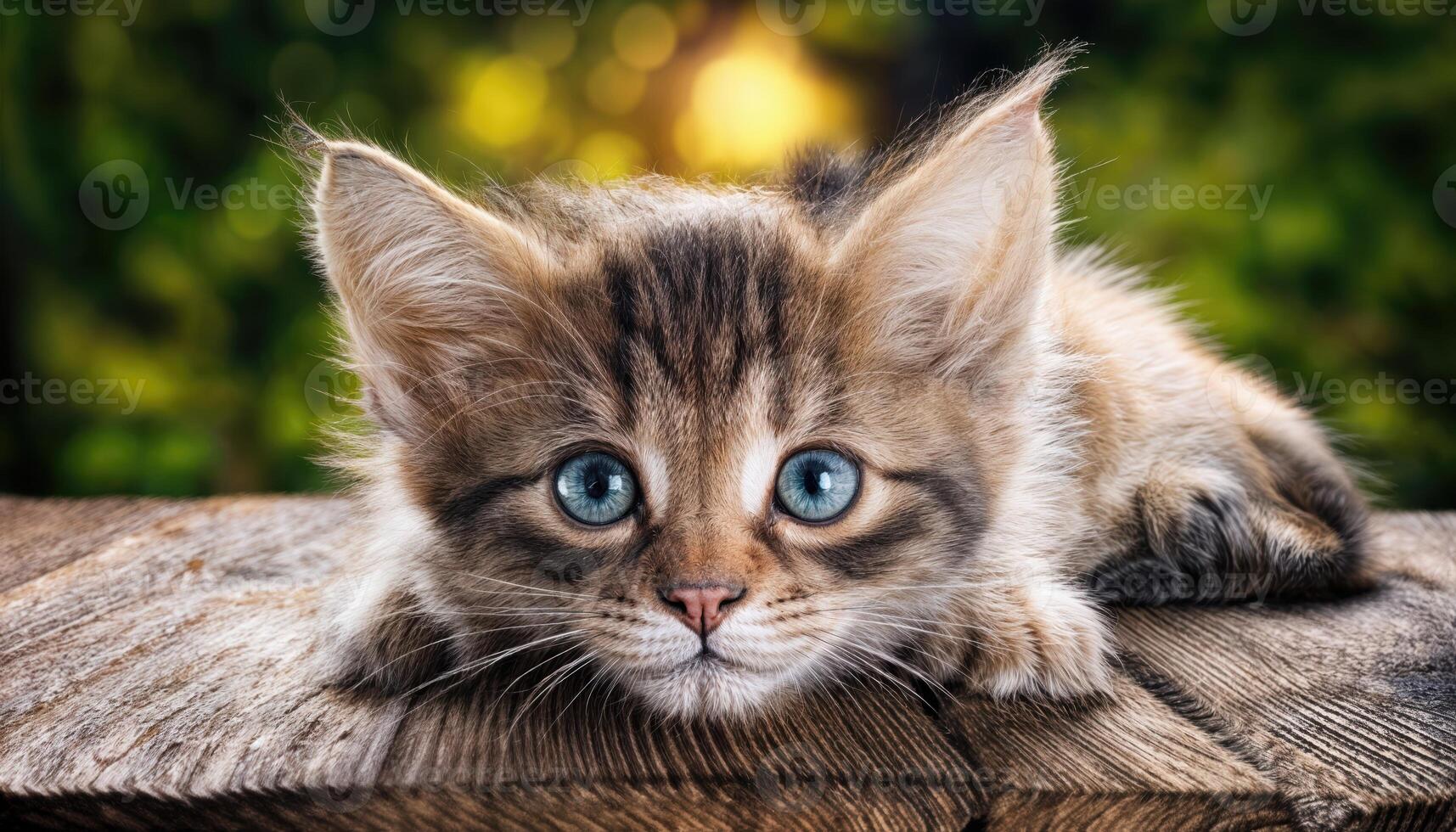 Cute Kitten Lounging on a Rustic Wooden Table, Snuggled Amongst Weathered Textures and Patinated Surfaces, Creating a Cozy Atmosphere in a Vintage Setting. photo