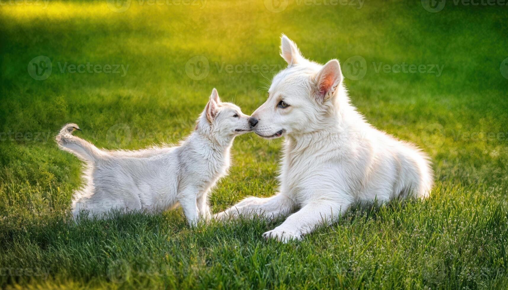 Kitten and White Swiss Shepherd Puppy Playing on Green Grass under Sunlight, Adorable Interspecies Friendship in a Serene Nature Setting photo