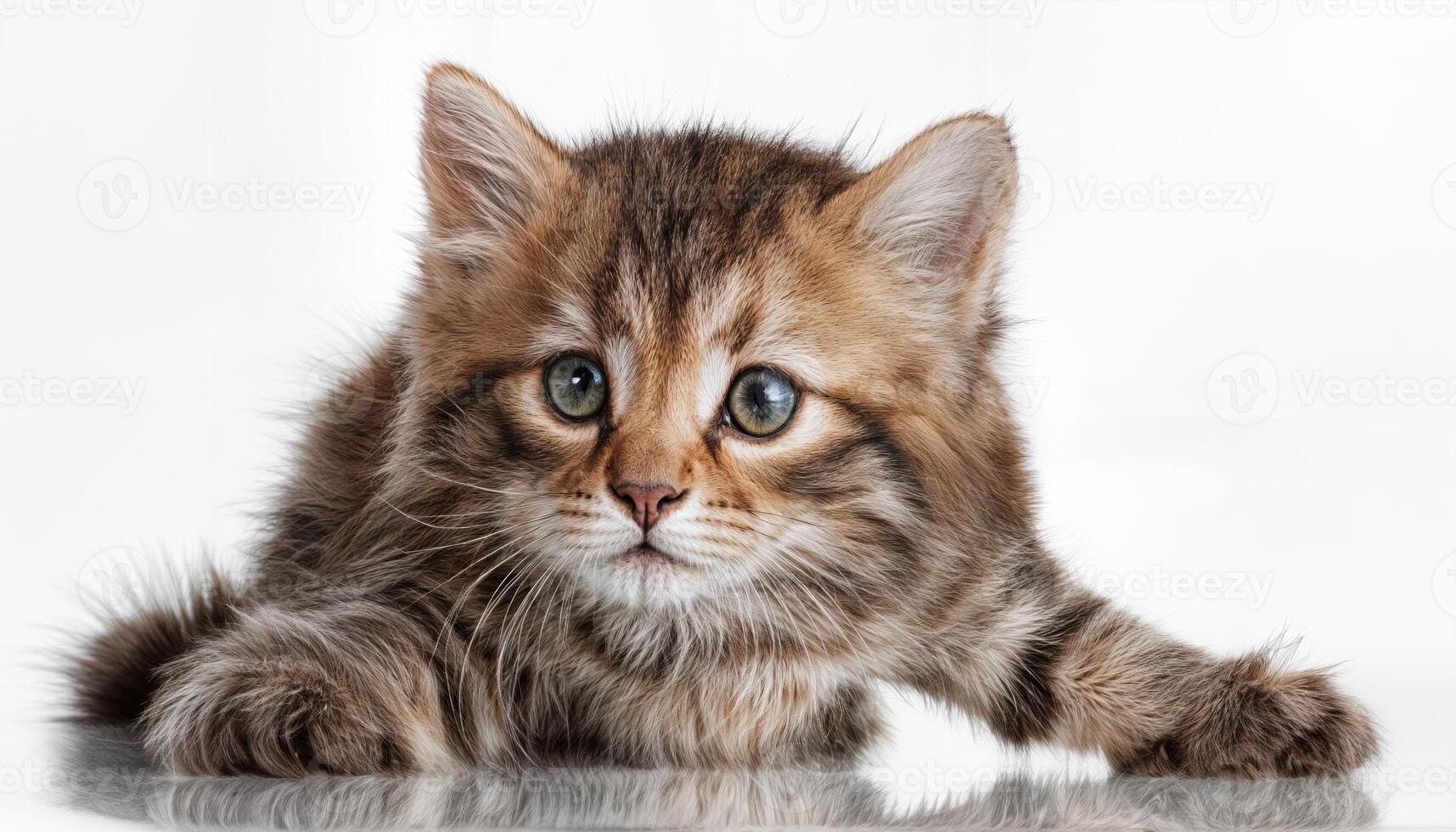 Playful Whitebackground Kitten, Catching the Eye with Its Vibrant Gazed and Fluffy Fur, Snuggled in a Clean Background for Digital Art or Design Inspiration. photo