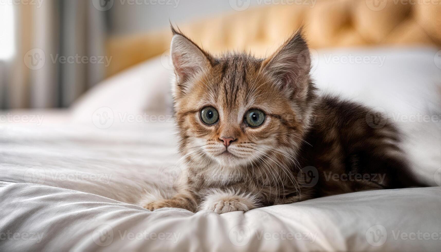 Playful Tabby Cat Lounging Comfortably on Plush Cream Bed, Illuminated by Soft Sunlight Streaming through a Window, Expressing Calm Contentment and Tranquility. photo
