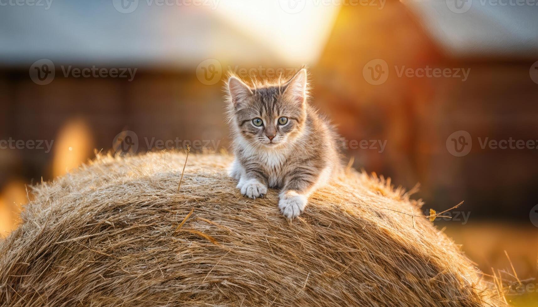 Kitten Playfully Perched on Bale of Hay in Cozy Barn Setting, Capturing the Rustic Charm of an Outdoor Classroom at Dusk with a Touch of Whimsy. photo