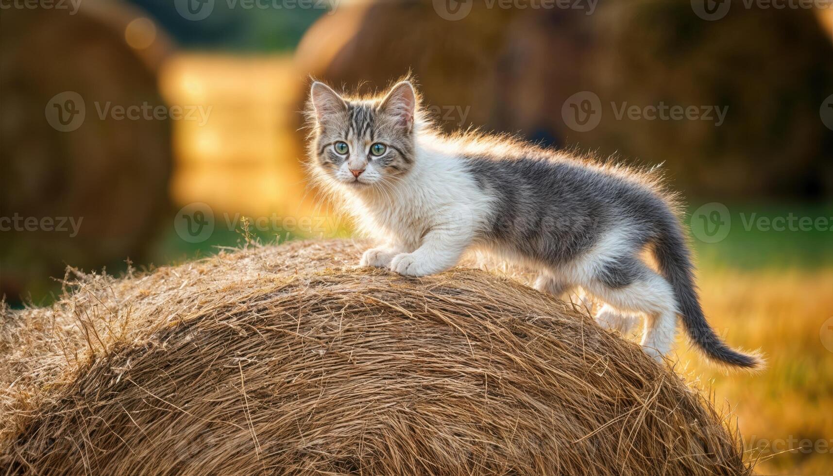 Kitten Playfully Perched on Bale of Hay in Rustic Barn Setting, Capturing the Charm of a Peaceful Outdoor Classroom at Late Afternoon photo