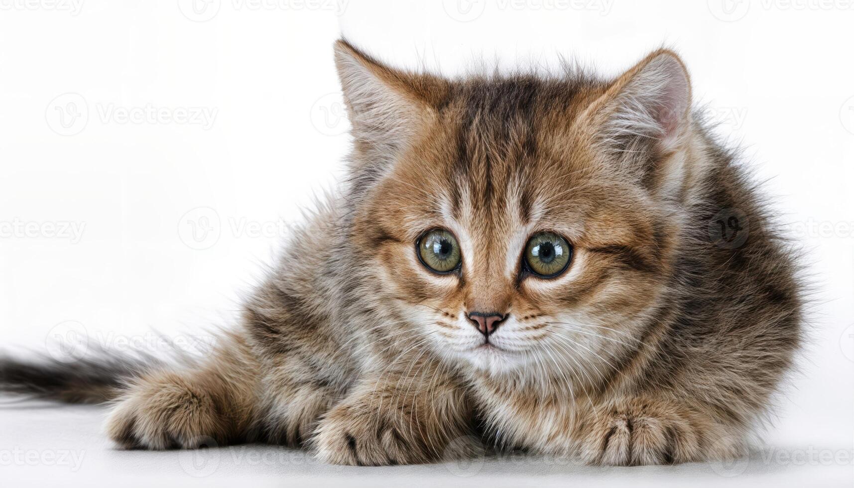 Fluffy White Kitten in Spotlight against Minimalist White Background, Radiating Purity and Innocence with Mesmerizing Eyes and Soft Fur Texture. photo
