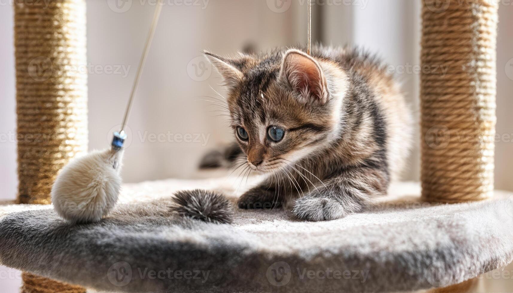 Playful Kitten Engaged in Interactive Game on Luxurious Cat Tower, Majestic Feline Frolic with Vibrant Toys, Snuggled Amongst Rich Textures and Elegant Designs, Captivating the Eye with Joyous photo