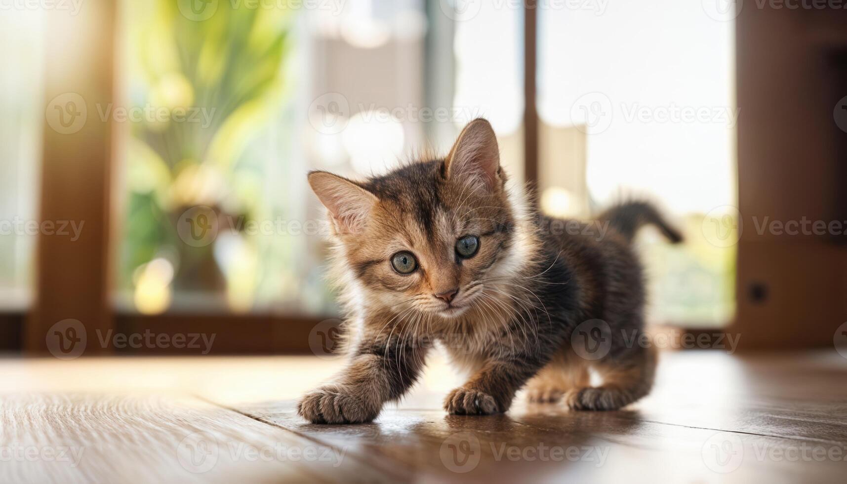 Adorable Siamese Kitten Playfully Exploring a Cozy Modern Home, Captured in Soft Focus Amidst Pastel Colors and Textures. photo