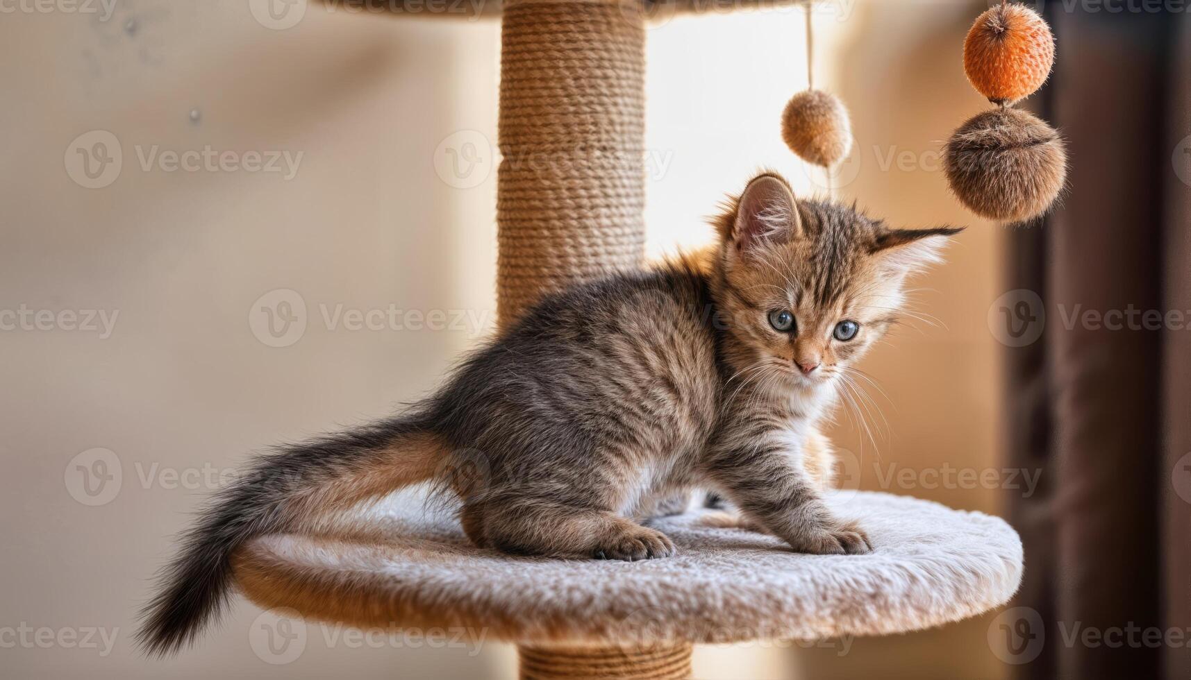 Playful Kitten Exploring a Cat Tower, a Whimsical Blend of Fur, Toys, and Modern Architecture in a Cozy Home Environment, Illuminated with Soft Light and Bold Colors. photo