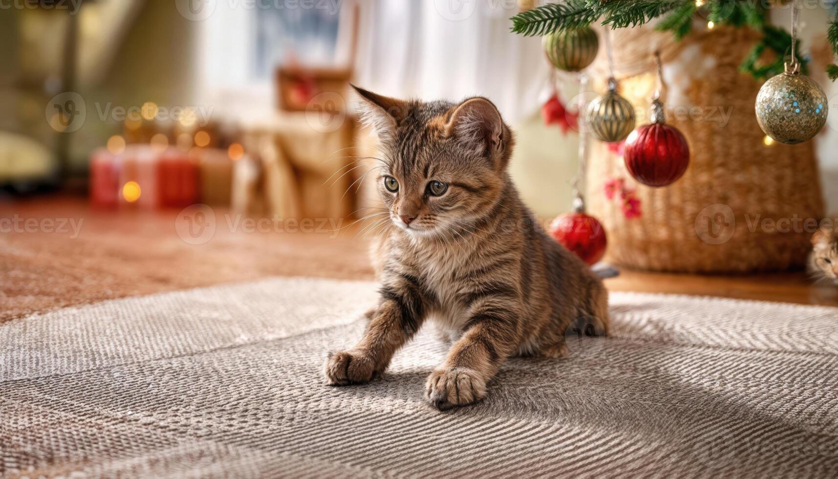 Playful Tabby Kitten Exploring a Cozy Home Interior, Captured in Soft Focus and Warm Lighting, Embracing the Joy of Childhood in the Evening Hour. photo