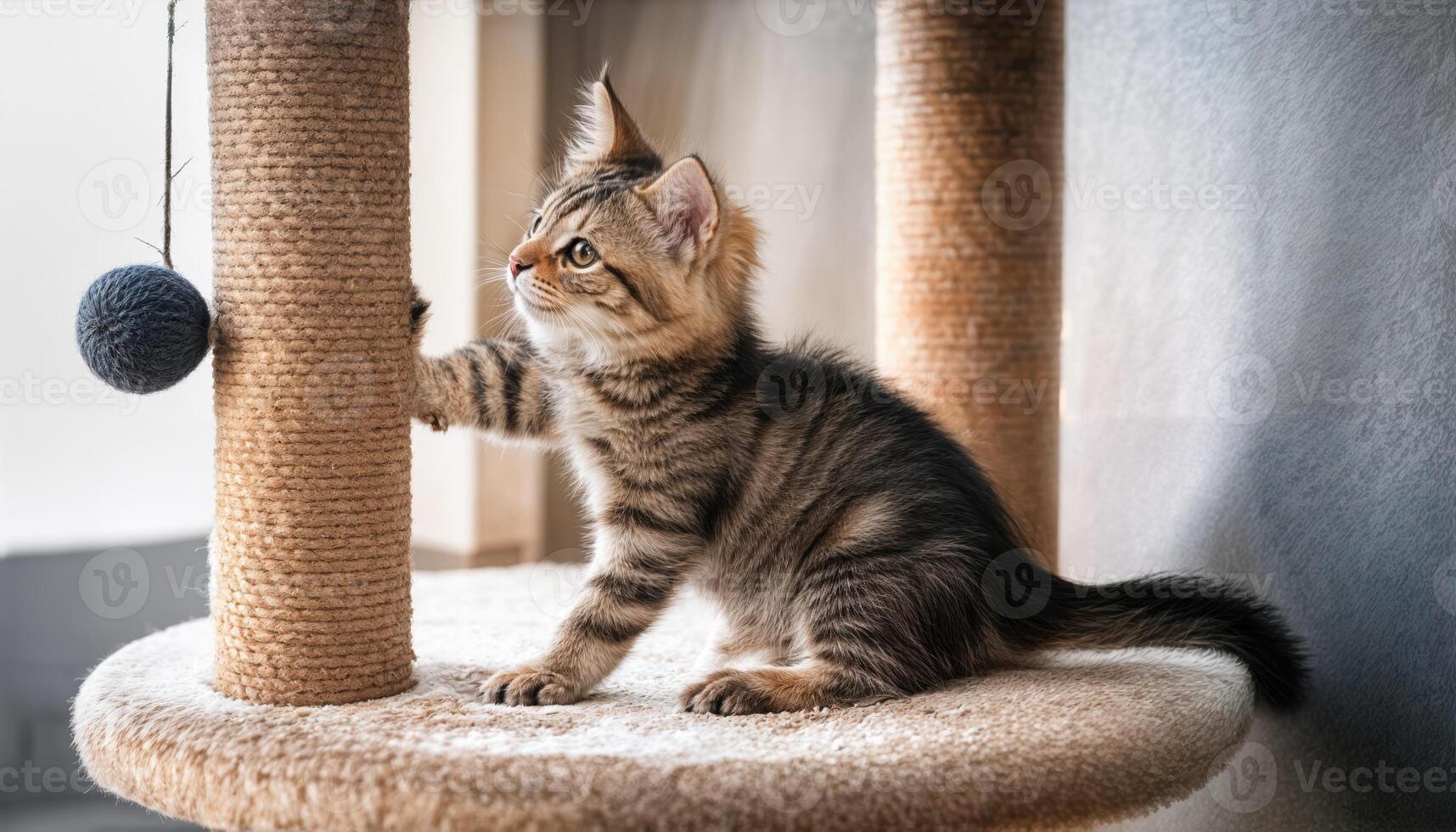 Kitten Playfully Engaging with Toy on Cat Tower Amidst a Cozy Living Space, Showcasing Soft Textures and Warm Amber Lighting, Creating a Heartwarming Scene Perfect for Digital Art, Home Decor, photo
