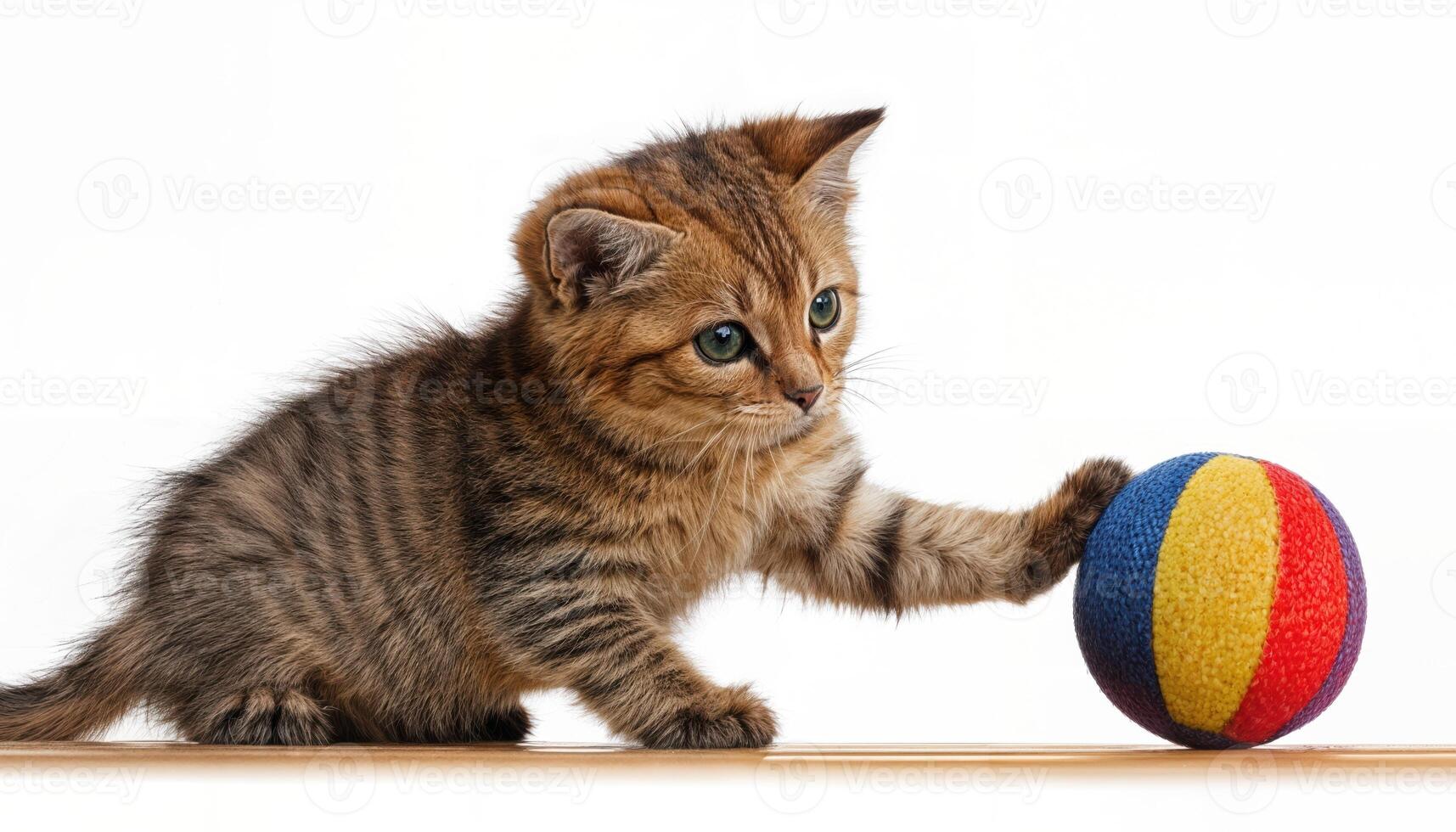 Playful Kitten Engaging with a Ball Amidst Vibrant Patterns of a Plush, Worn Carpet, in a Comforting and Nostalgic Indoor Setting. photo