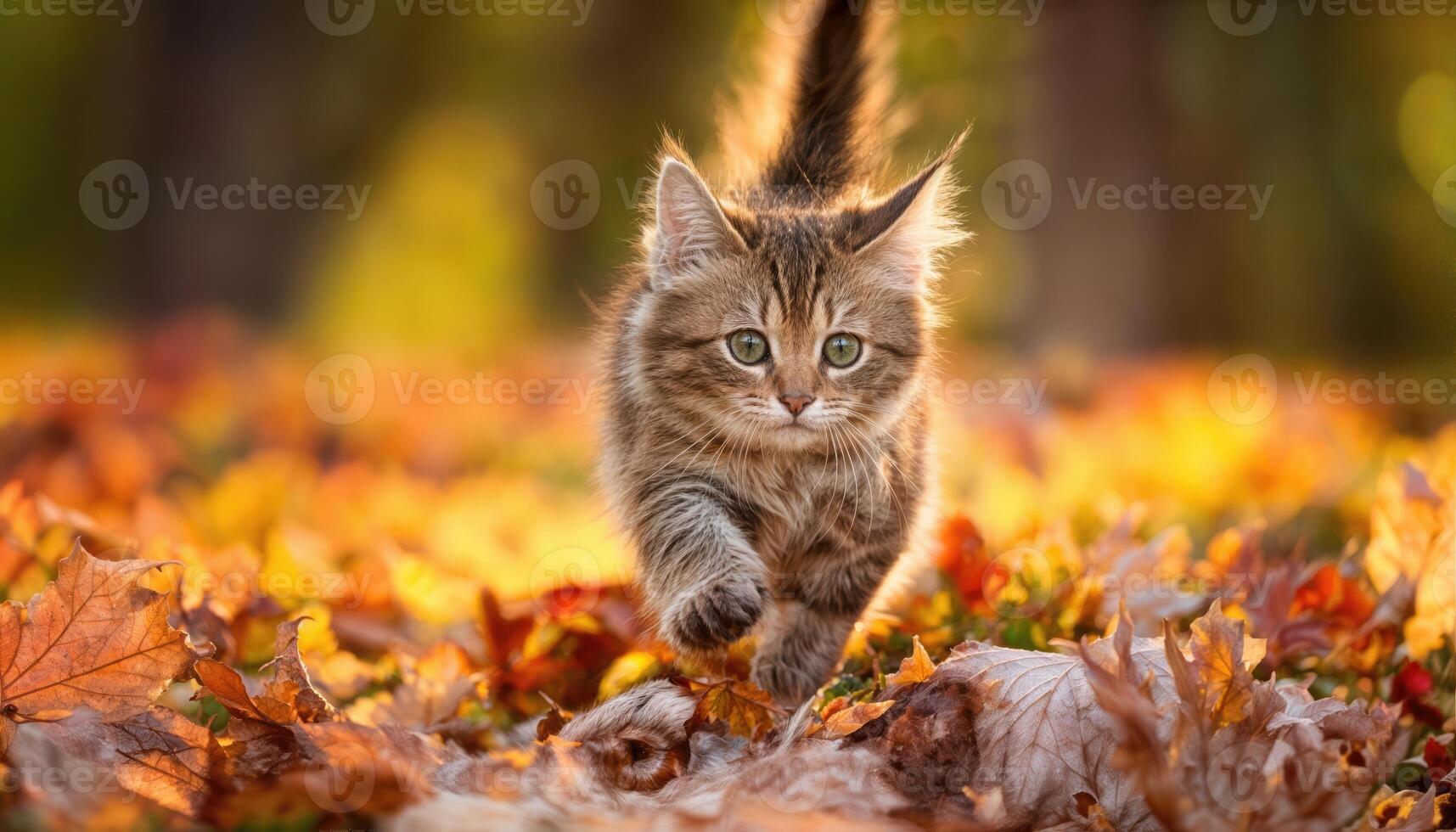 Kitten Dashing Amongst Autumn Leaves Playful Energy and Vibrant Fall Colors Emanate from a Whimsical Forest Scene, Perfect for Digital Art, Home Decor, or Design Inspiration. photo