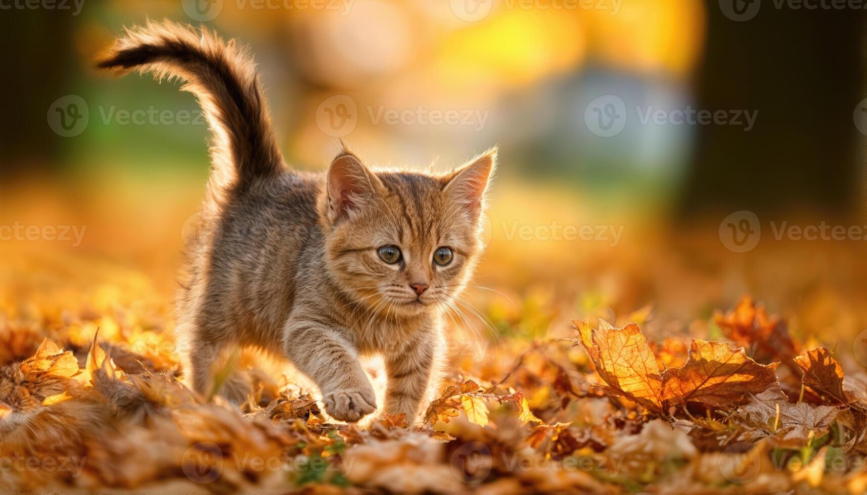 Kitten Darting through Autumn Leaves, Playful Vibrancy Amidst a Woodland Backdrop, Catching the Eye with Warmth and Whimsy at Twilight. photo